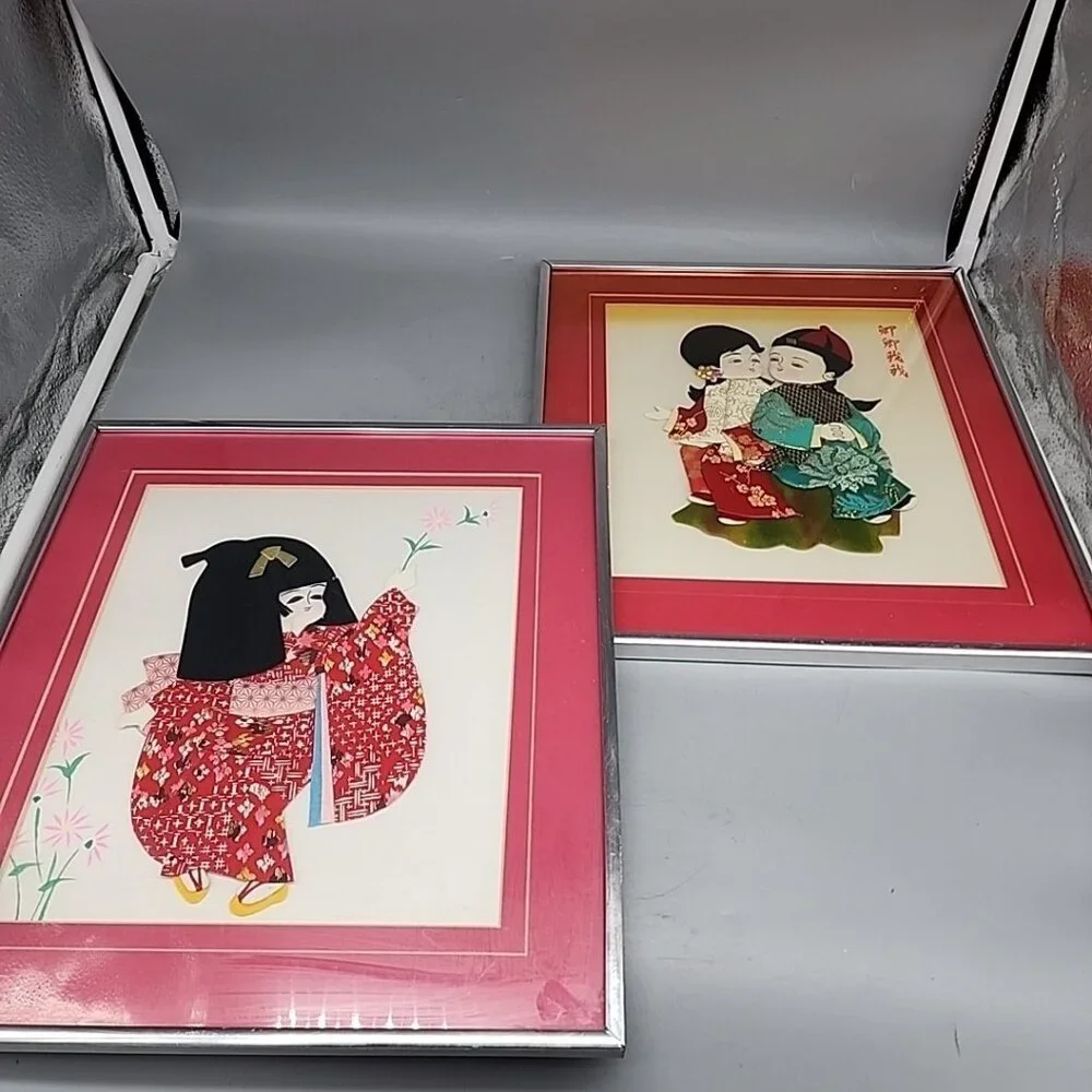 Pair Set Japanese Girl Kimono Fabric 3D Wall Art Geisha Wood Frame Art Asian